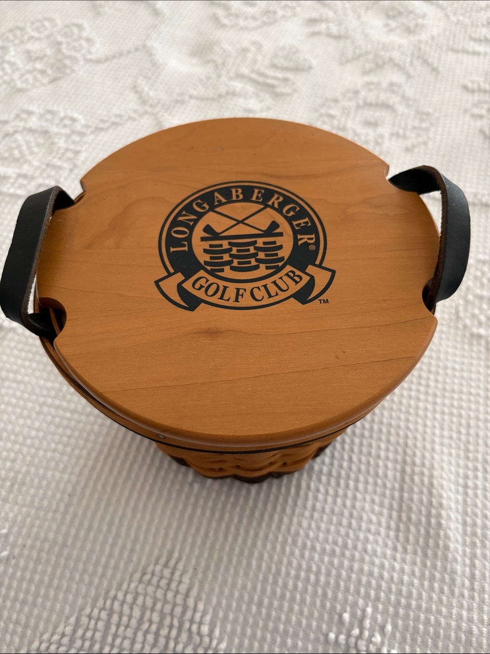 Longaberger Cherry Wood Round Basket Lid with Black Handles